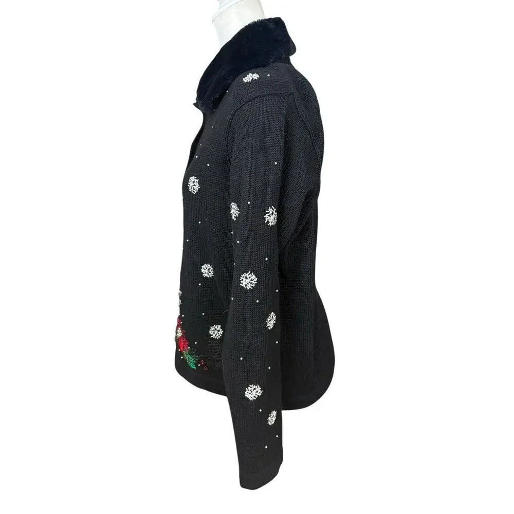 Victoria Jones Sweater Womens Size P/M Black‎ Wool Fur Collar Christmas Cardigan